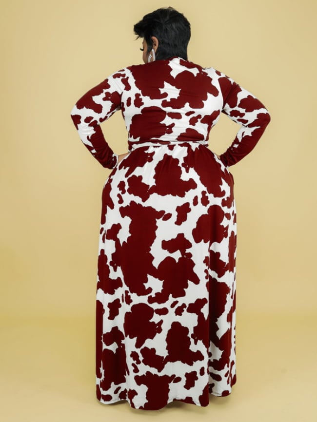 Cow print v-neck tie dress