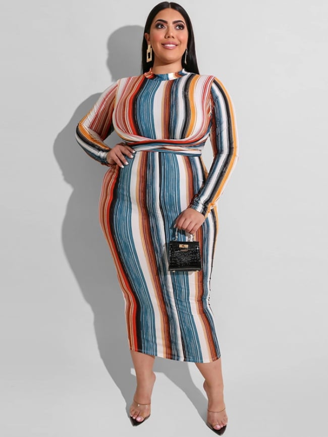 Plus Striped Print Dress With Belt