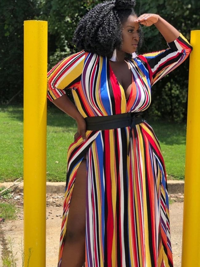 Plus Striped Print Split V-neck Dress With Belt