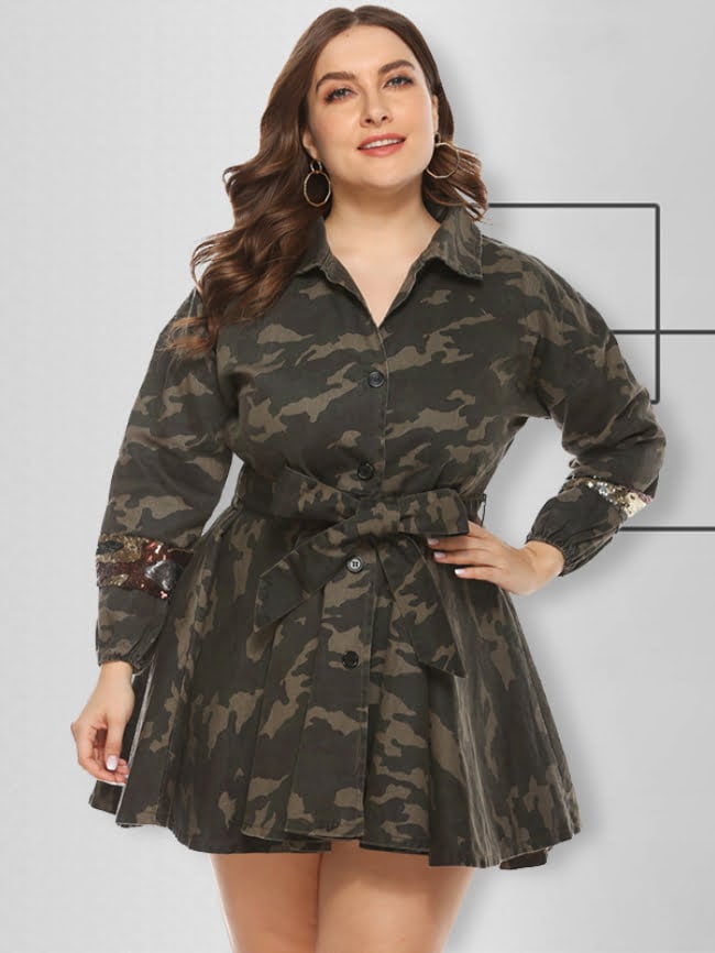 Plus camouflage sequin stitching dress