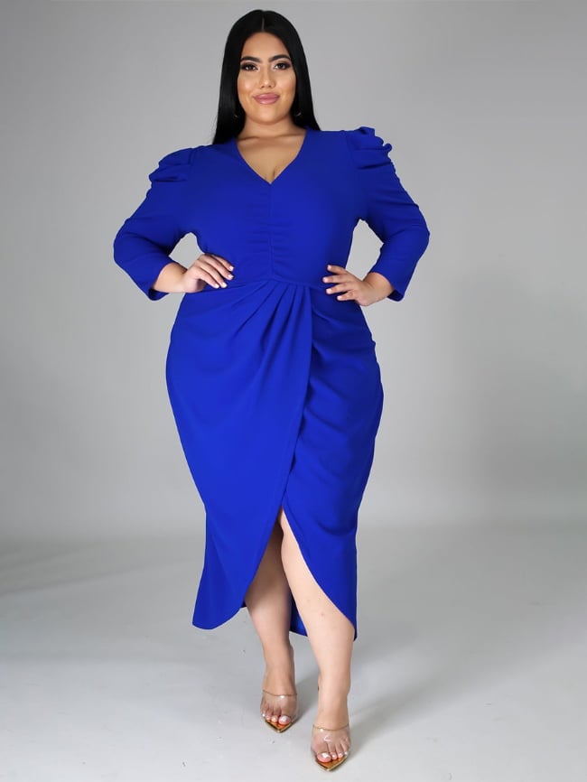 Plus solid color V-neck irregular slit dress