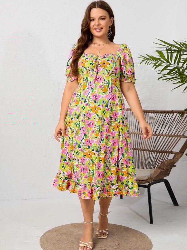 Plus Floral Square Neck Ruffle Dress