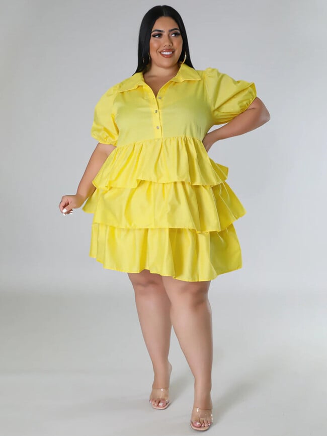 Plus Solid Lapel Layered Hem Dress