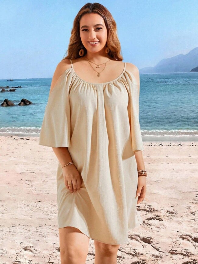 plus off shoulder round neck casual dress